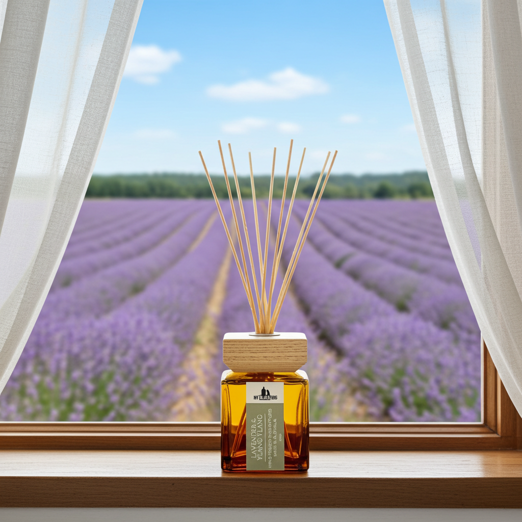A reed diffuser bottle with amber liquid and natural reed sticks sits on a wooden windowsill. Outside the window is a blurred lavender field under a blue sky, with white sheer curtains framing the scene.