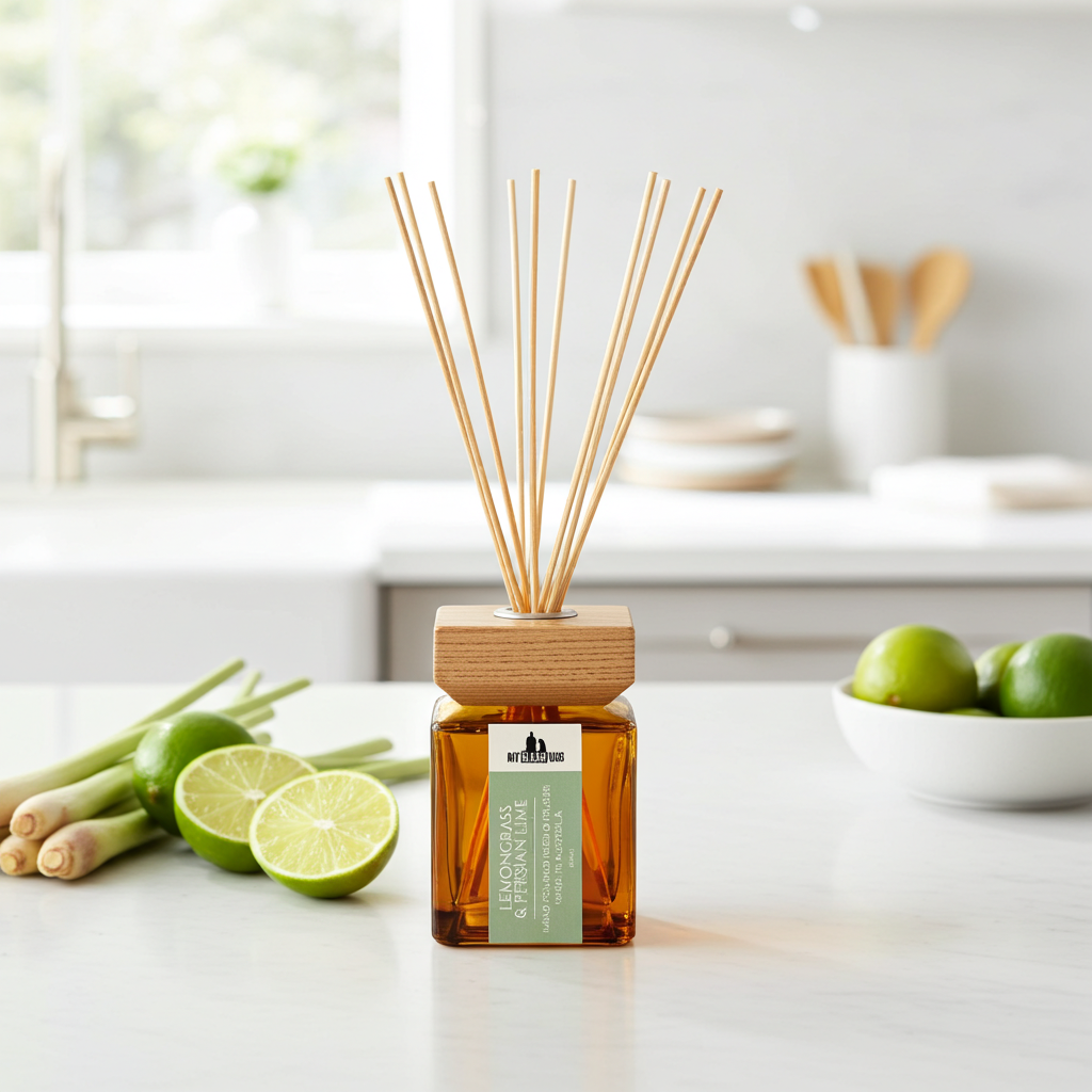 A reed diffuser bottle with amber liquid and natural wood reeds stands on a white countertop in a bright kitchen setting. 