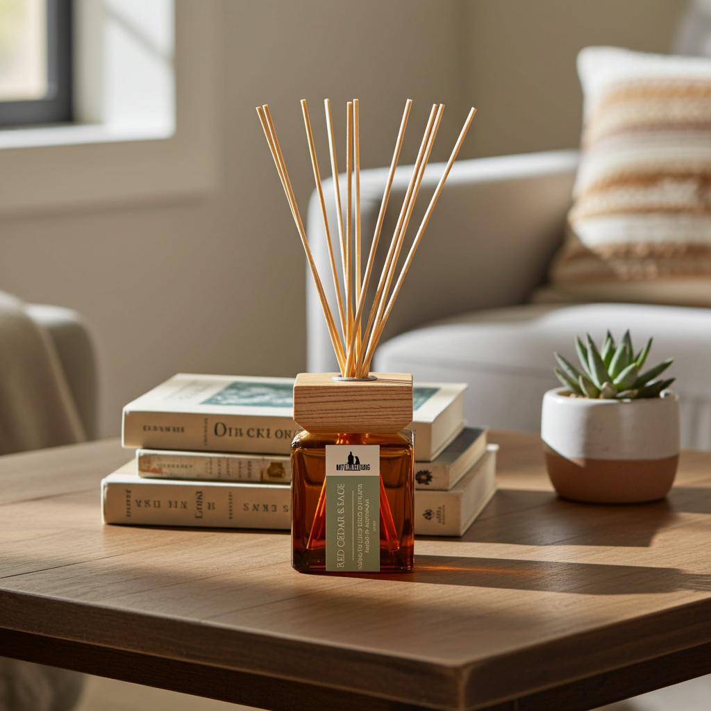 A reed diffuser with amber liquid and natural wood reeds sits on a wooden table in a cozy living room setting, styled with books, a small succulent, and a sofa in the background.