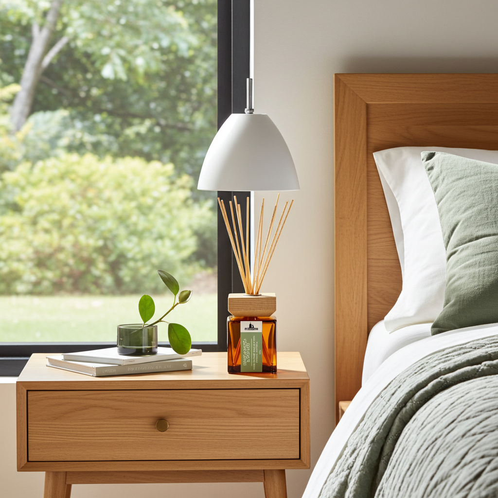 A modern bedroom scene featuring a white dome-shaped table lamp and a reed diffuser with an amber glass bottle on a light wood nightstand. The nightstand is positioned next to a bed with white and green bedding, all set against a warm beige wall and a large window showing a green garden view.