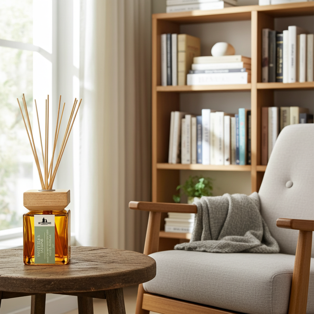 A reed diffuser with a glass bottle and wooden reeds sits on a round wooden table in a bright, modern living room next to a light gray armchair with a gray throw blanket and a wooden bookshelf in the background.