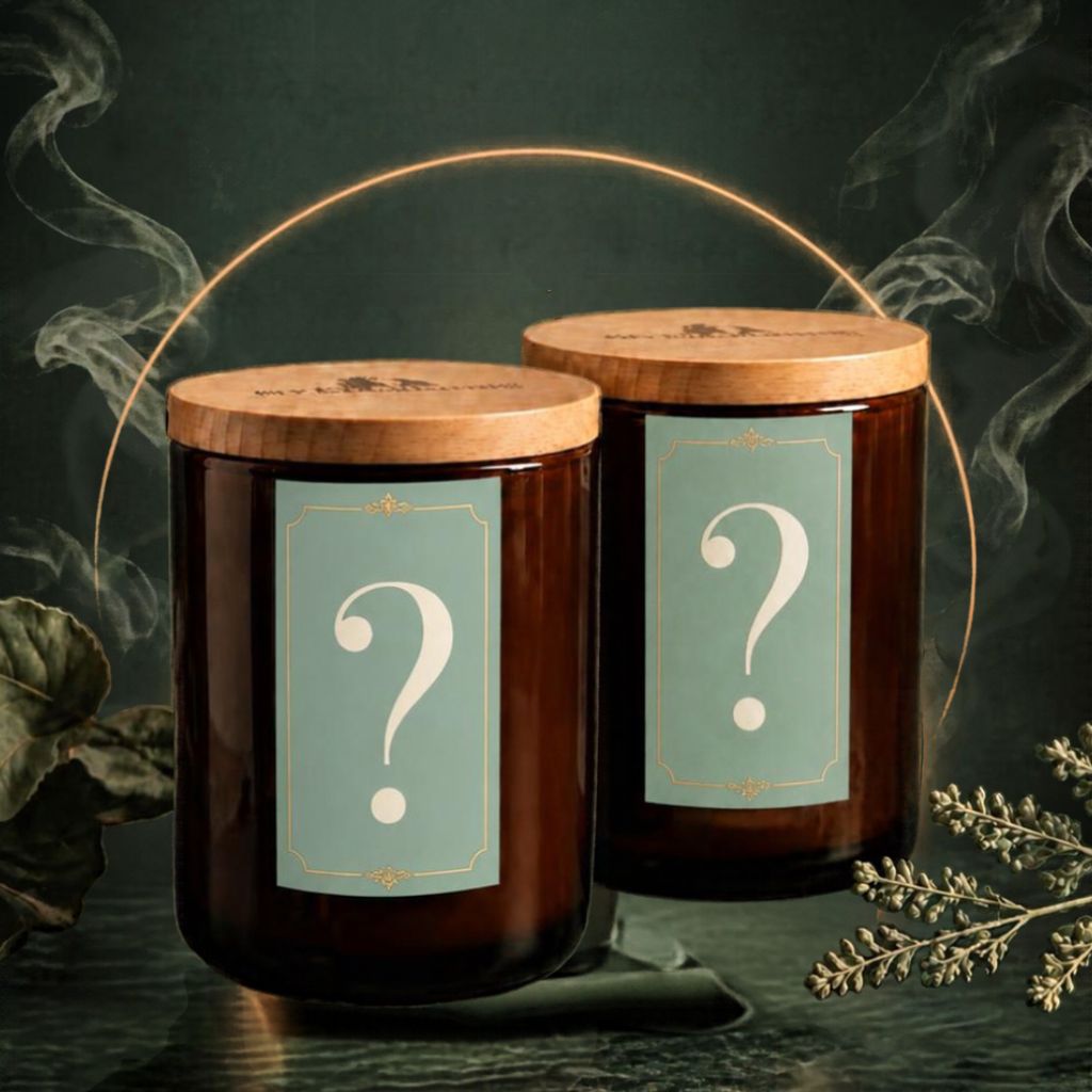 Two amber glass mystery jars with wooden lids and mint green labels featuring a white question mark, set against a dark smoky background with decorative botanical elements.