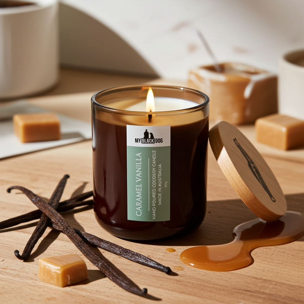 Caramel Vanilla candle sitting amongst vanilla beans and caramels 