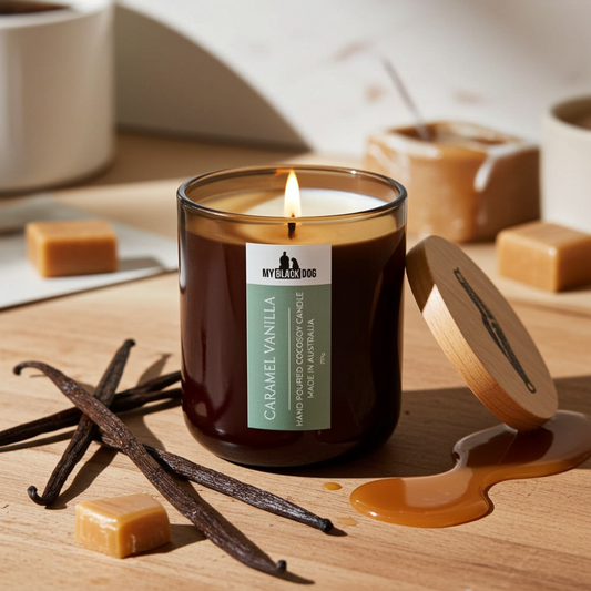 Caramel Vanilla candle sitting amongst vanilla beans and caramels 