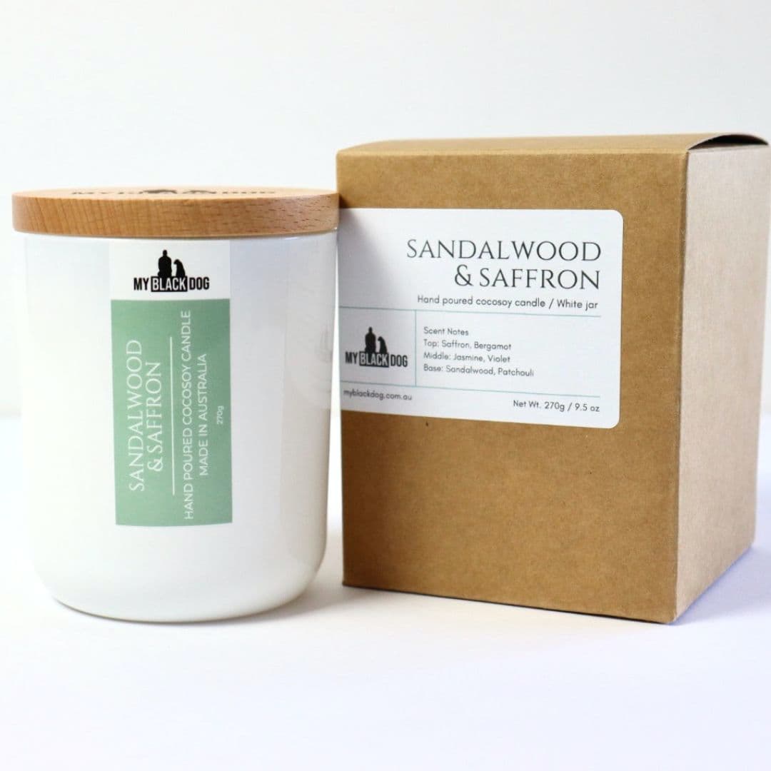 My Black Dog Sandalwood & Saffron CocoSoy Candle in a white jar with a box