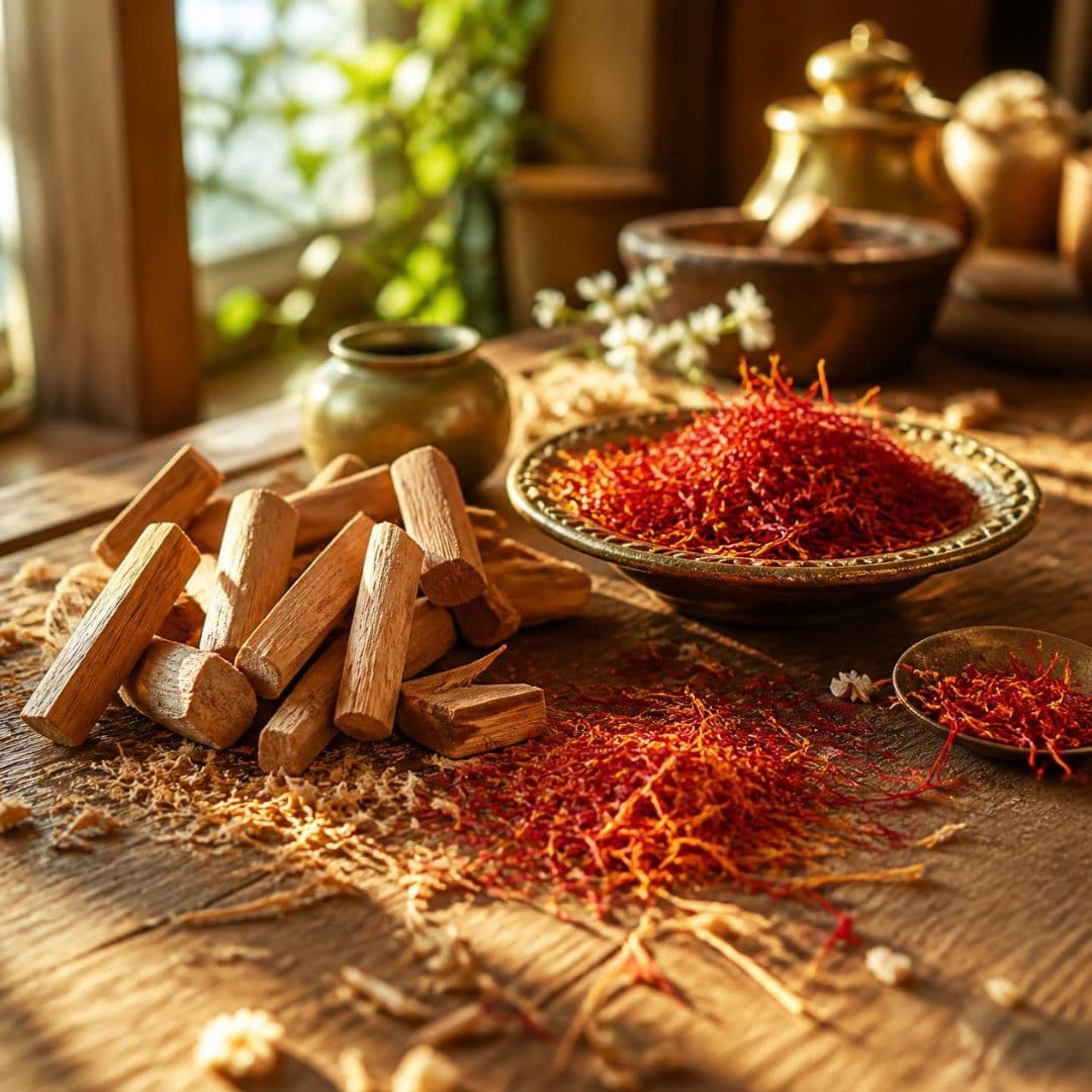 Saffron threads and sandalwood sticks on a wooden surface with a warm, natural light setting.