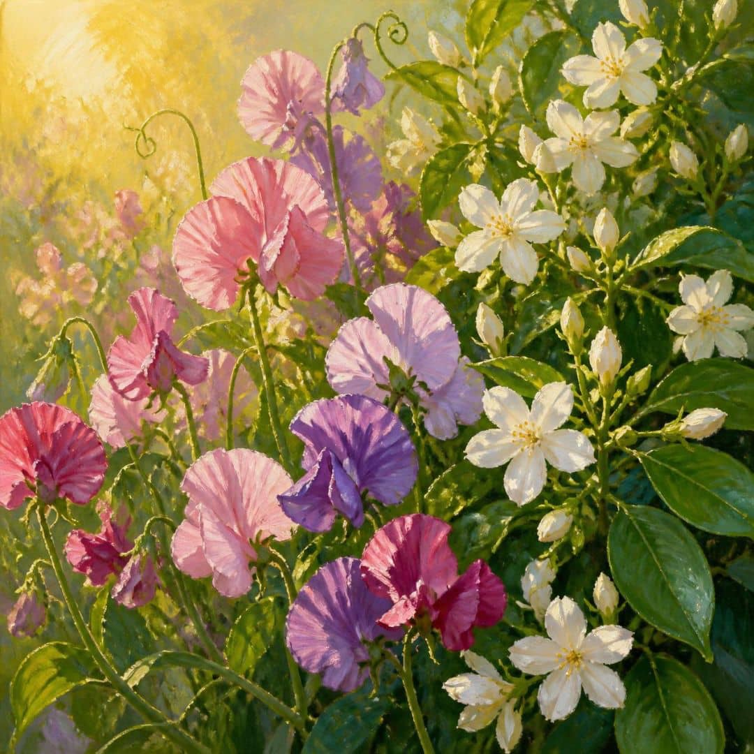 Colourful sweet pea flowers including pink, purple, and white jasmine blossoms with green leaves.