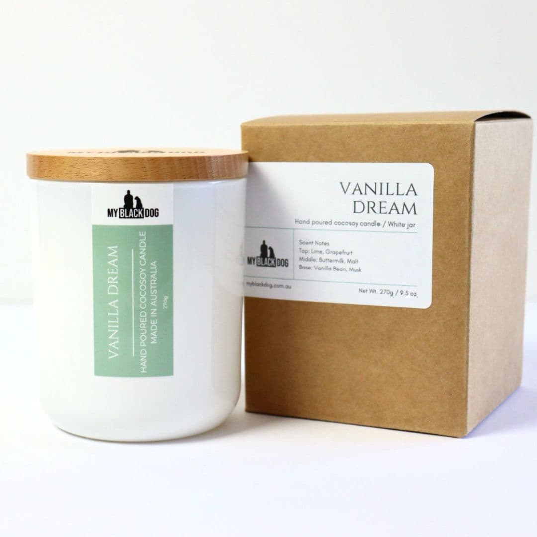 My Black Dog Vanilla Dream CocoSoy Candle in a white jar with a box