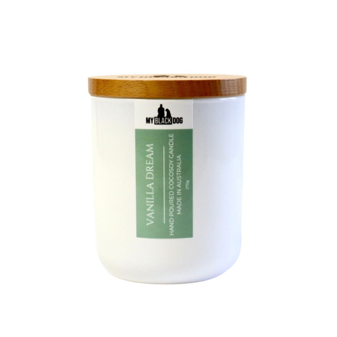 My Black Dog Vanilla Dream CocoSoy Candle in a white jar with a timber lid