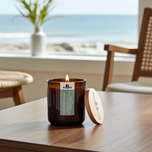 A lit amber glass candle with a light green label reading 'COCONUT & LIME' sits on a wooden table, with its round wooden lid leaning beside it. The scene is styled in a bright room with a blurred window view of the ocean, a chair, and a plant in the background.