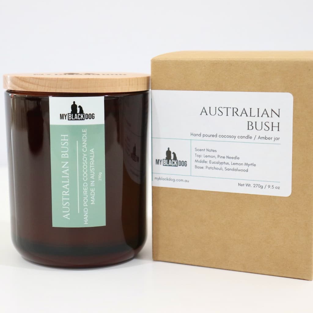 My Black Dog Australian Bush CocoSoy Candle in an amber jar with a natural timber lid and a box