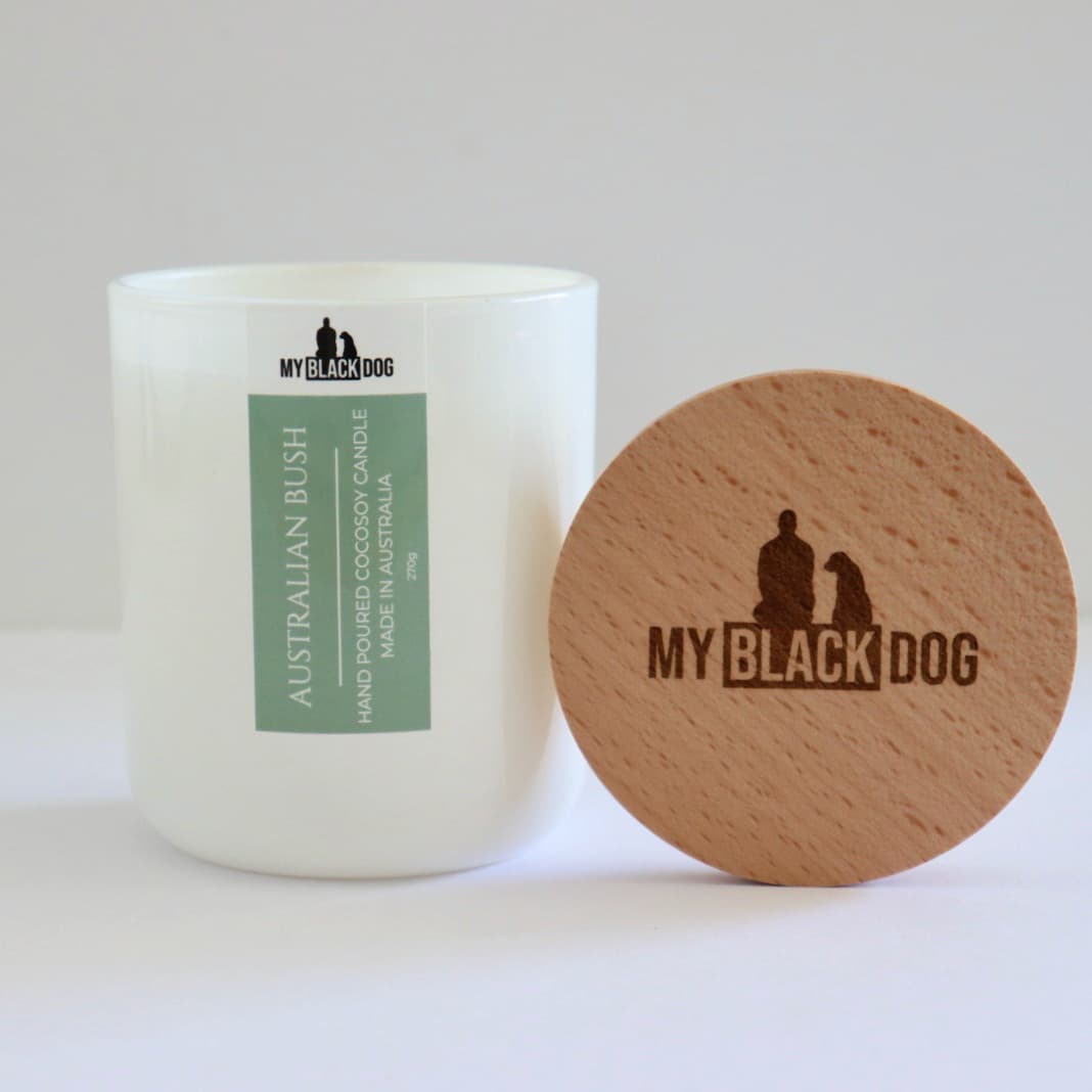 My Black Dog Australian Bush CocoSoy Candle in a white jar with timber lid