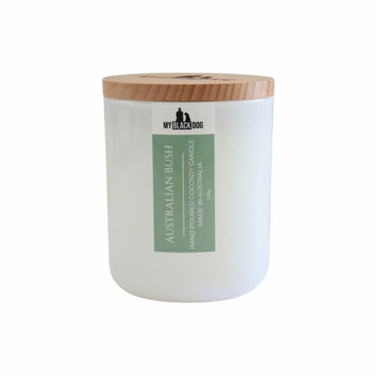 My Black Dog Australian Bush CocoSoy Candle in a white jar with timber lid