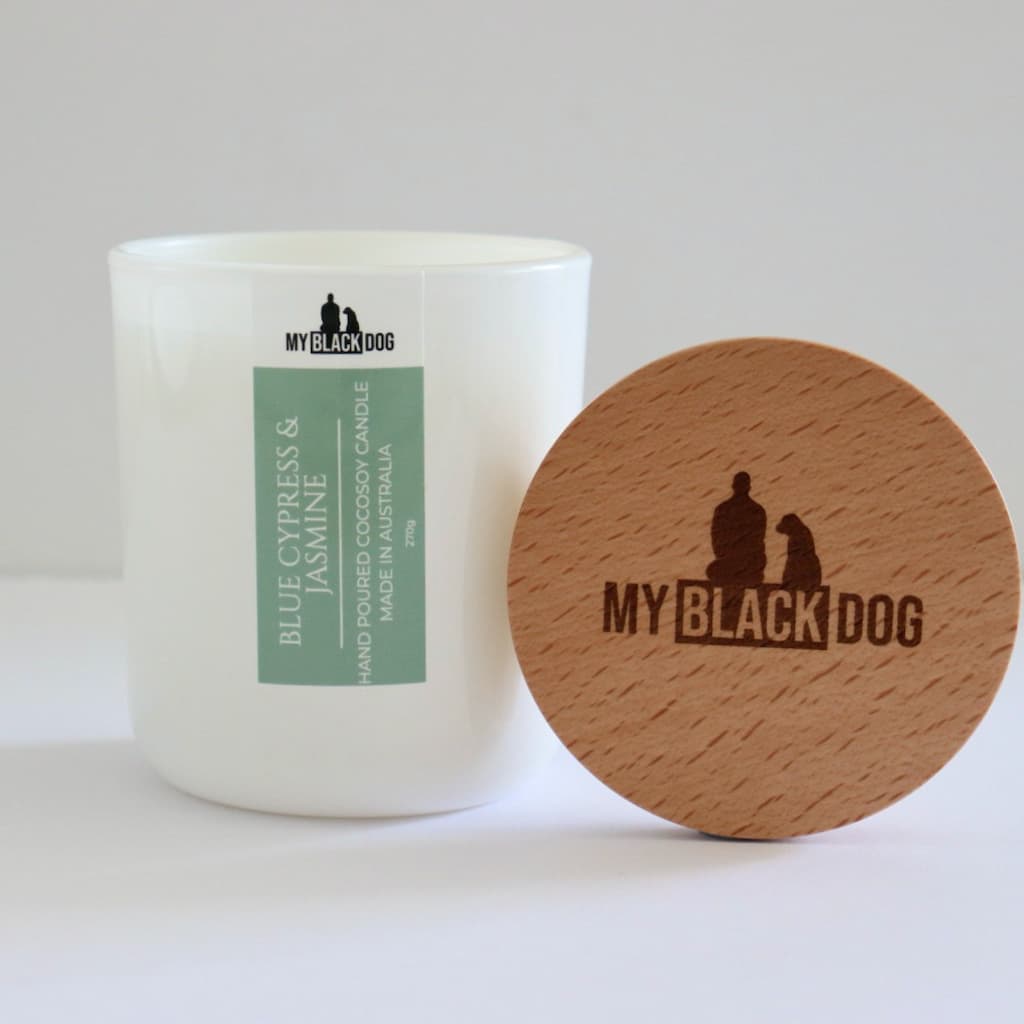 My Black Dog Blue Cypress & Jasmine CocoSoy Candle in a white jar with timber lid