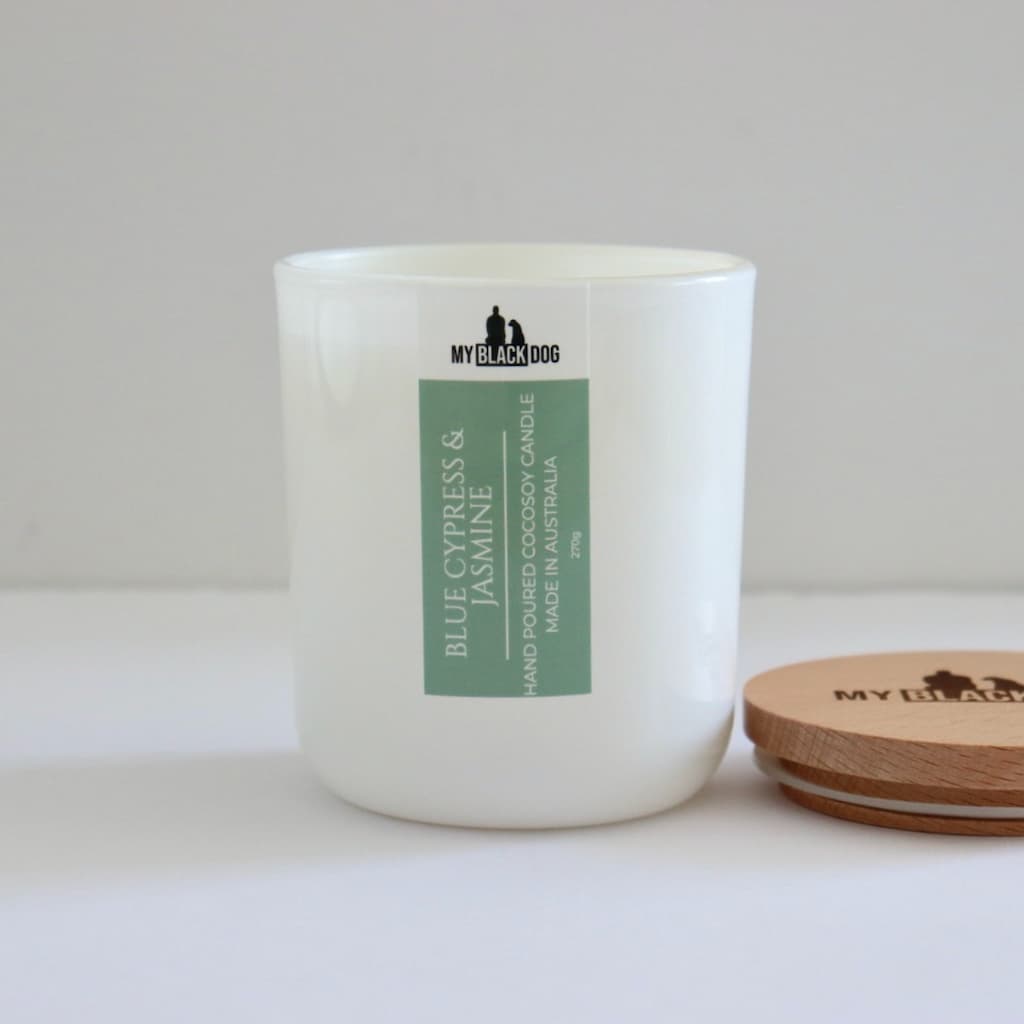My Black Dog Blue Cypress & Jasmine CocoSoy Candle in a white jar with timber lid