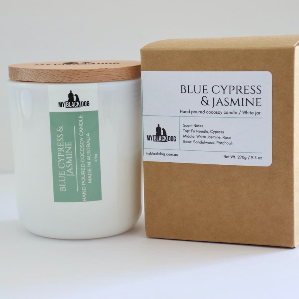 My Black Dog Blue Cypress & Jasmine CocoSoy Candle in a white jar with timber lid and box