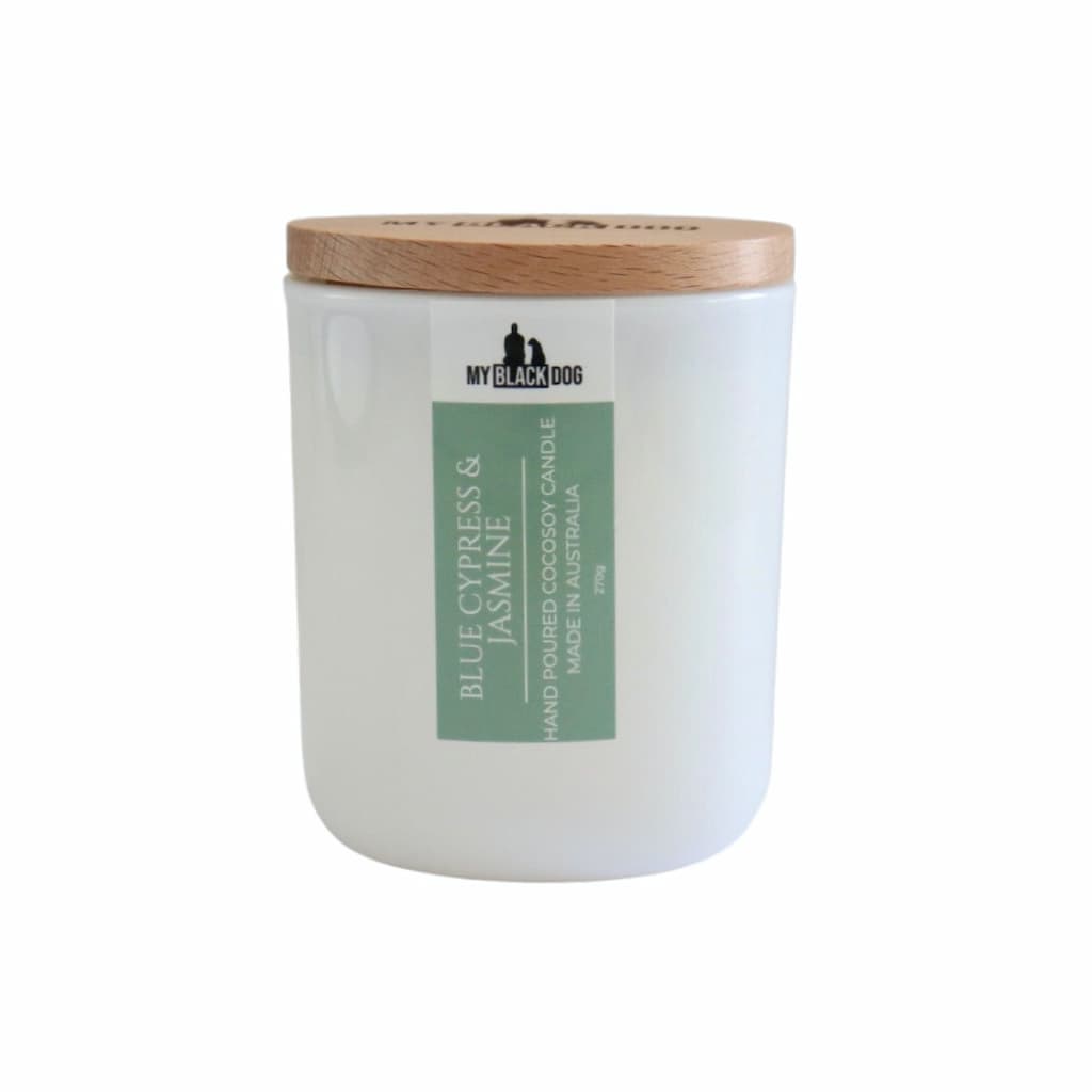 My Black Dog Blue Cypress & Jasmine CocoSoy Candle in a white jar with a timber lid
