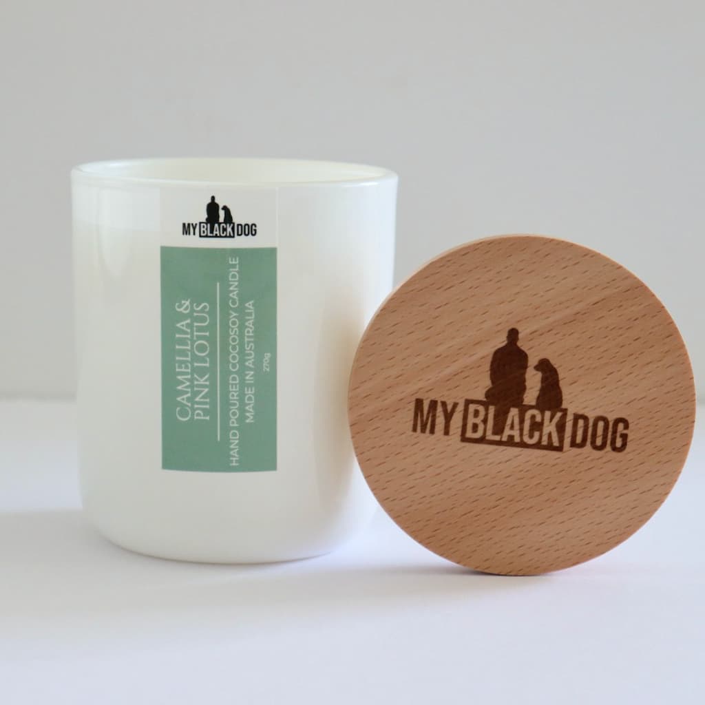 My Black Dog Camellia & Pink Lotus CocoSoy Candle in white jar with timber lid