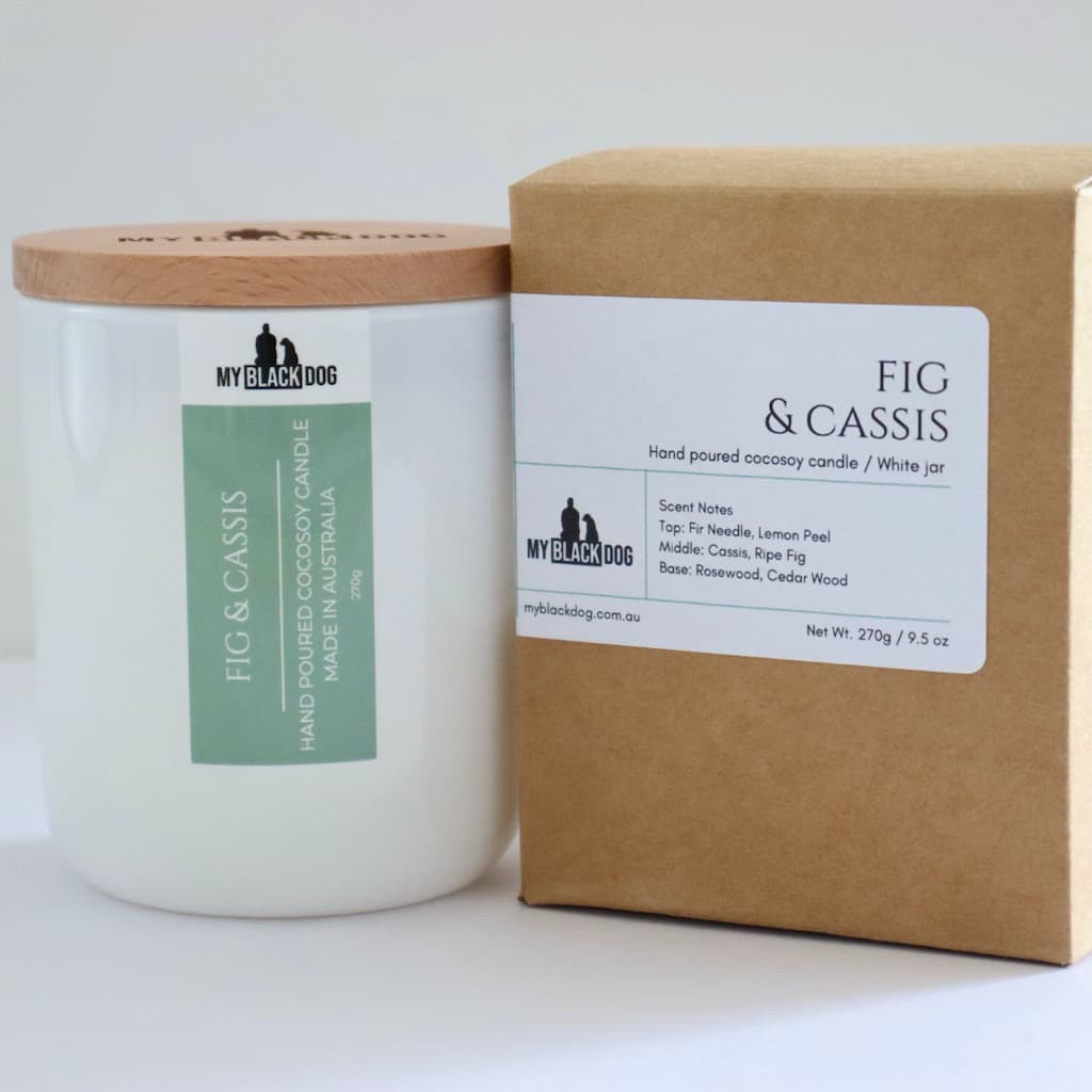 My Black Dog Fig & Cassis CocoSoy Candle in a white jar with timber lid and box