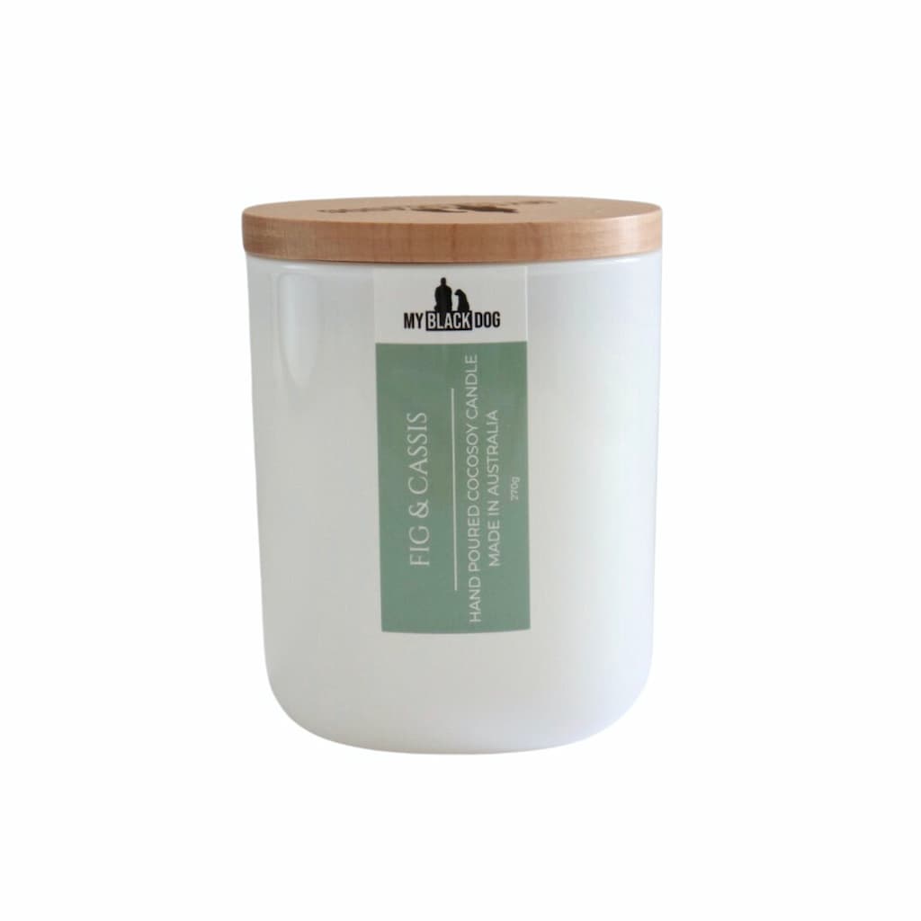 My Black Dog Fig & Cassis CocoSoy Candle in a white jar with timber lid