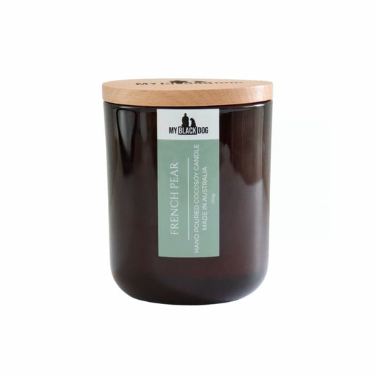My Black Dog French Pear CocoSoy Candle in an amber jar with natural timber lid