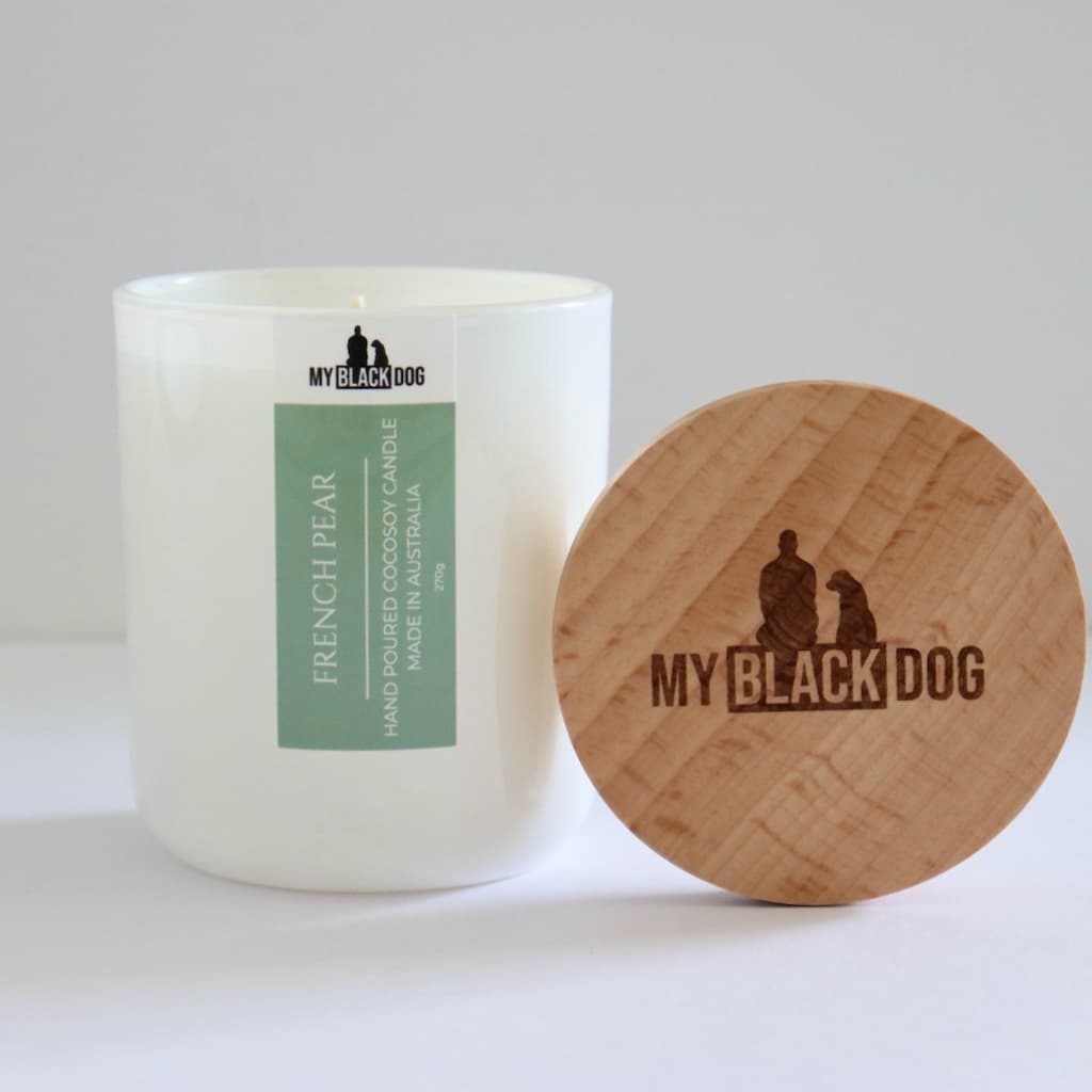 My Black Dog French Pear CocoSoy Candle in a white jar with timber lid