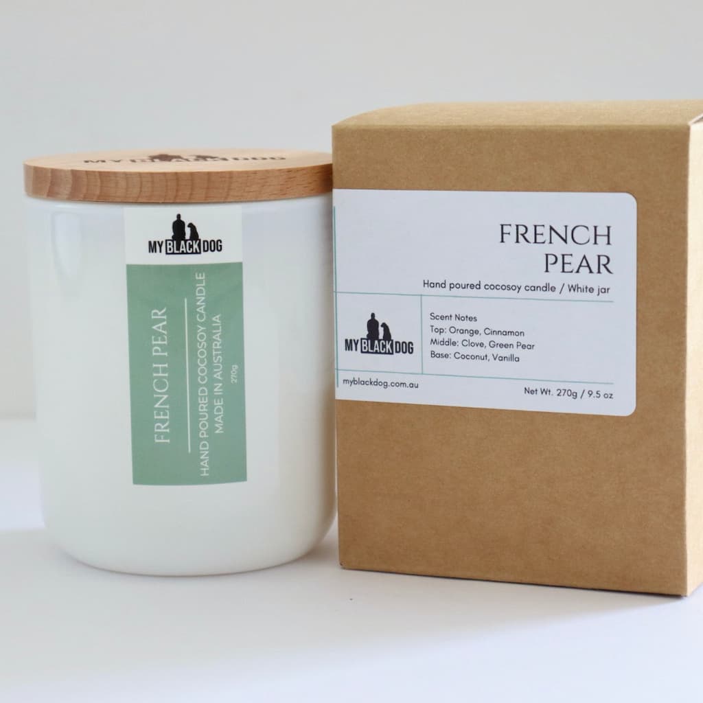 My Black Dog French Pear CocoSoy Candle in a white jar with timber lid and box