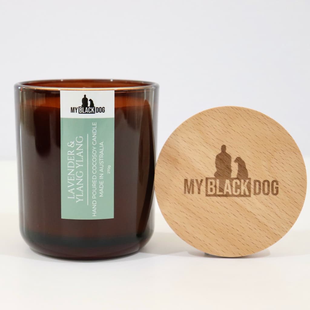 My Black Dog Lavender & Ylang Ylang CocoSoy Candle in an amber jar with a natural timber lid