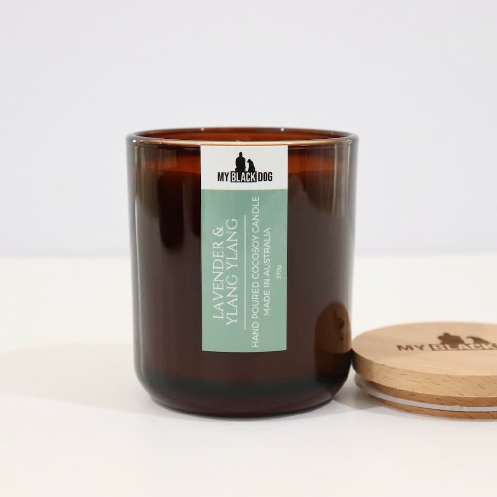 My Black Dog Lavender & Ylang Ylang CocoSoy Candle in an amber jar with a natural timber lid