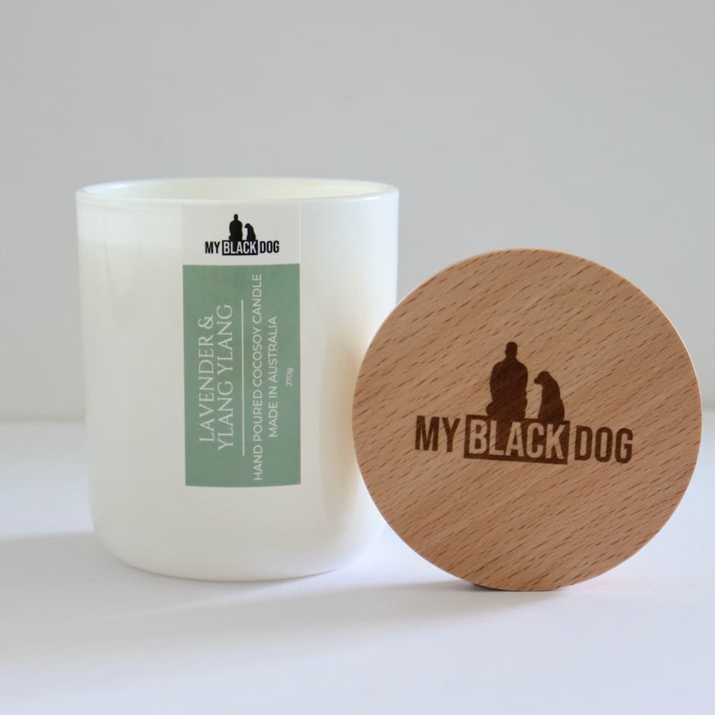 My Black Dog Lavender & Ylang Ylang CocoSoy Candle in a white jar with timber lid