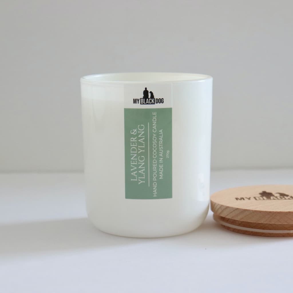 My Black Dog Lavender & Ylang Ylang CocoSoy Candle in a white jar with timber lid
