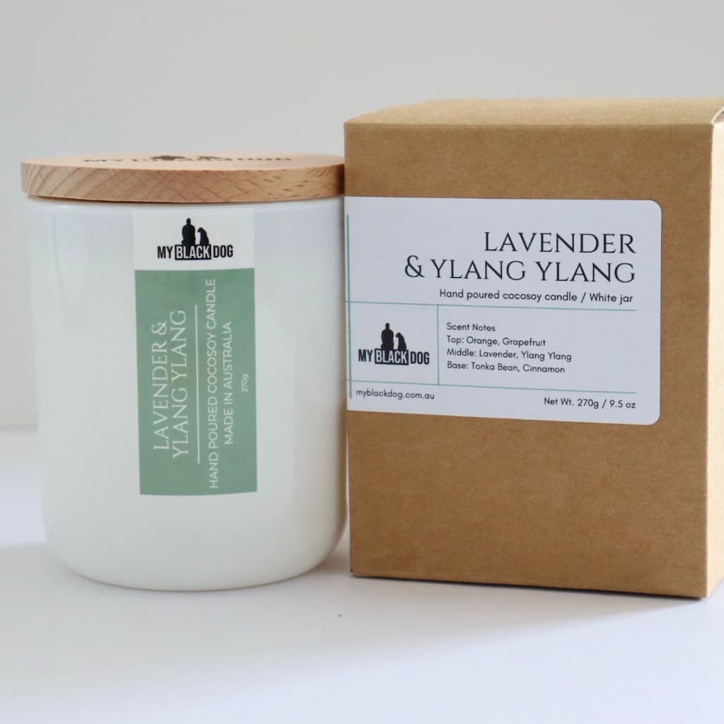 My Black Dog Lavender & Ylang Ylang CocoSoy Candle in a white jar with timber lid and box