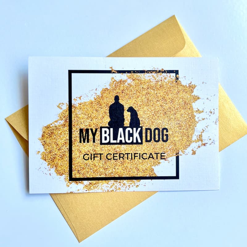 My Black Dog Gift Certificate with gold envelope