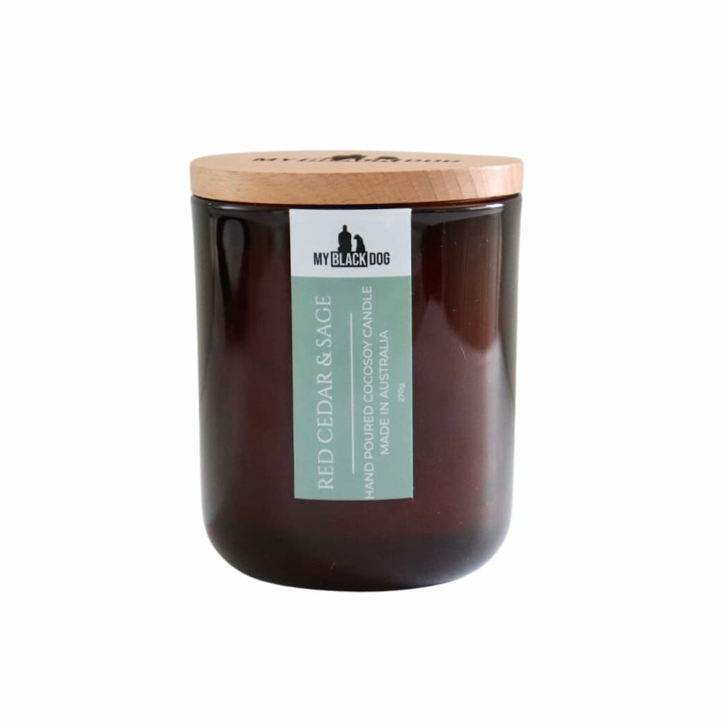 My Black Dog Red Cedar & Sage CocoSoy Candle in amber jar with a natural timber lid