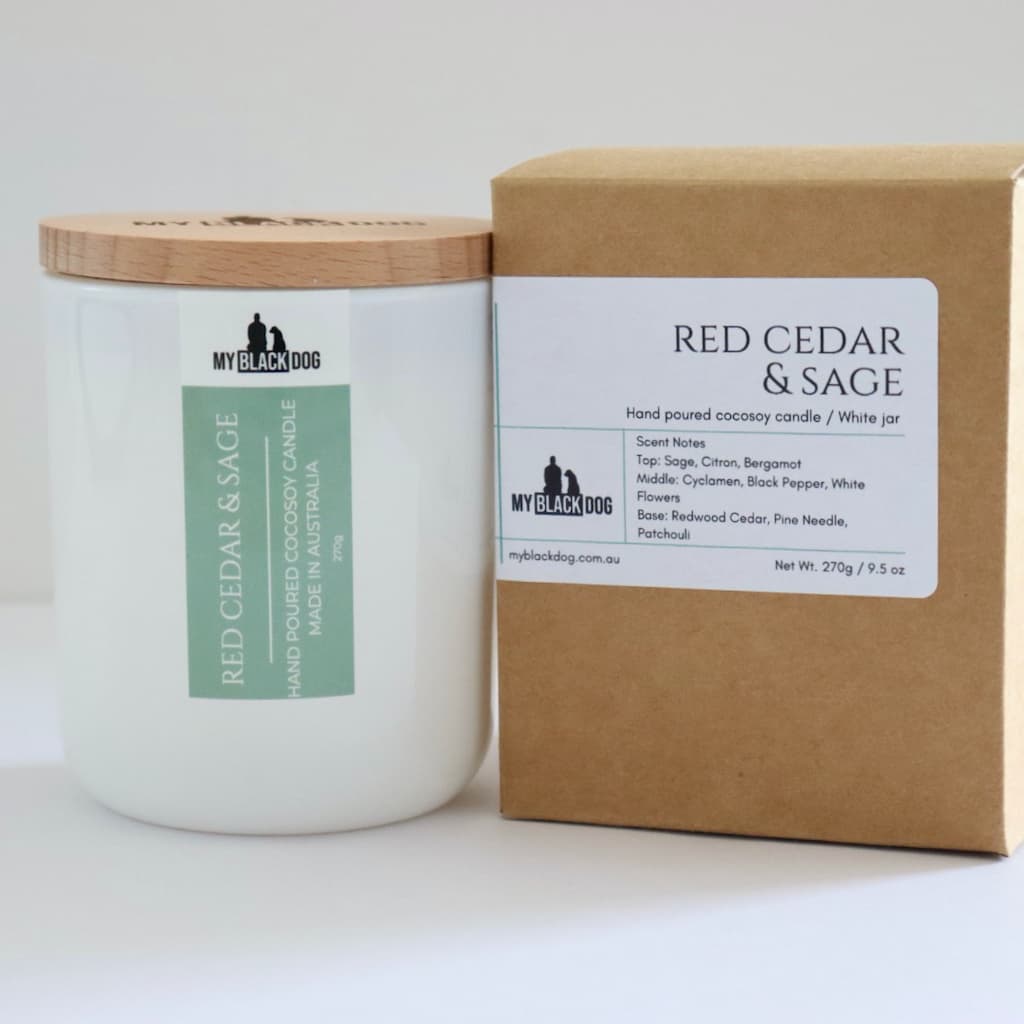 My Black Dog Red Cedar & Sage CocoSoy Candle in a white jar with timber lid