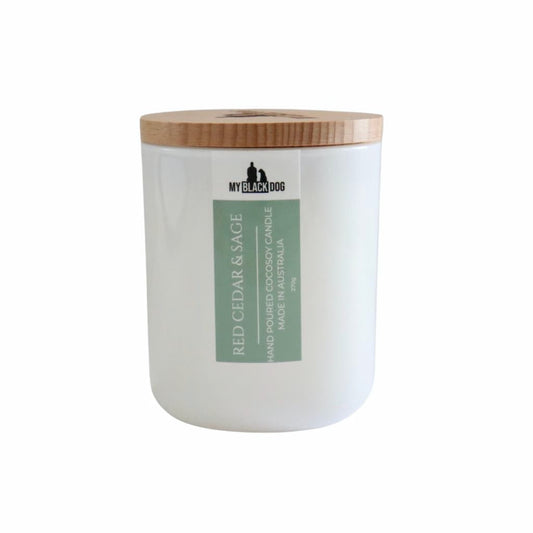 My Black Dog Red Cedar & Sage CocoSoy Candle  in a white jar with timber lid