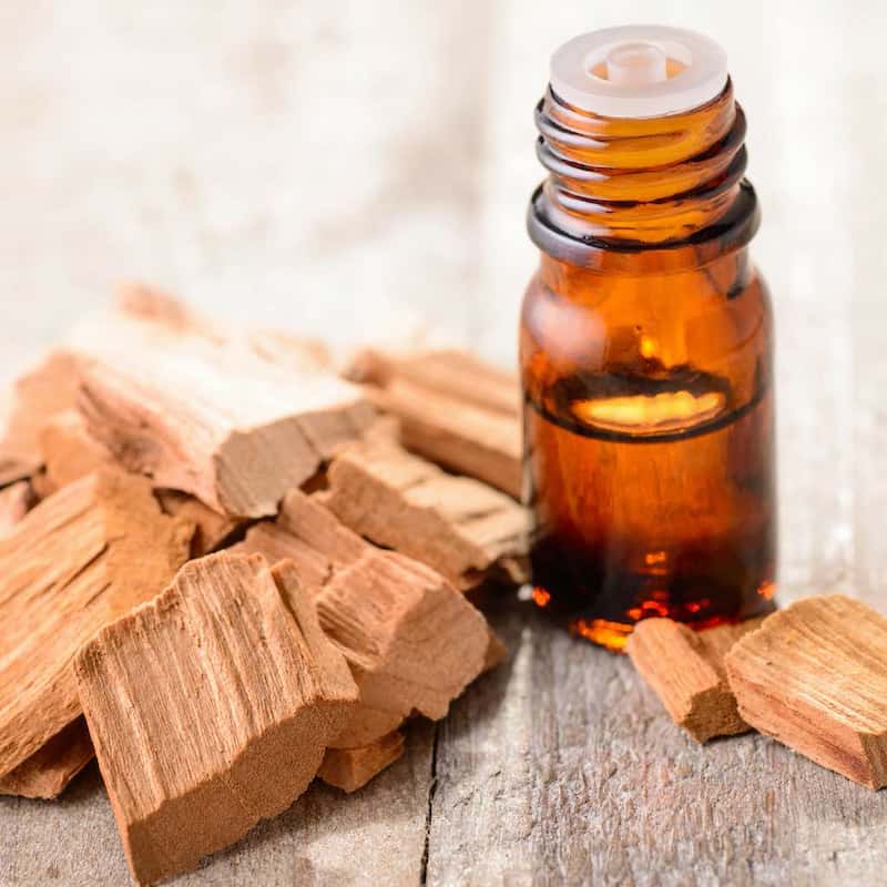 Sandalwood chips with a bottle of essential oil