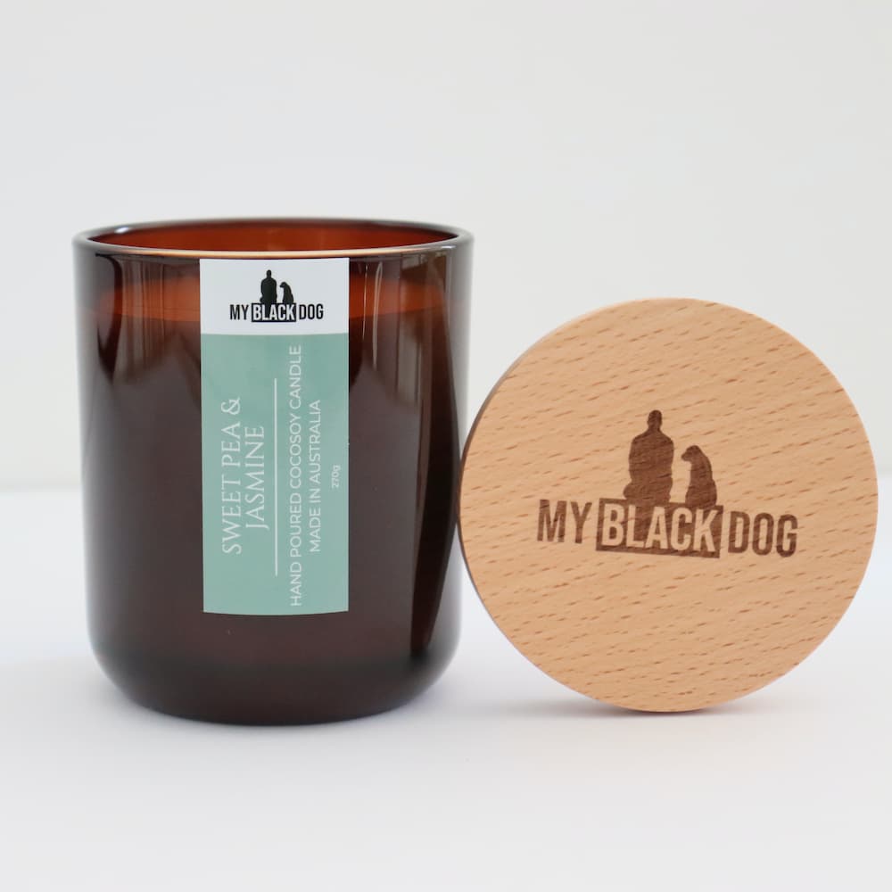 My Black Dog Sweet Pea & Jasmine CocoSoy Candle in amber jar with timber lid