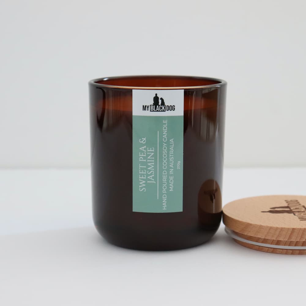 My Black Dog Sweet Pea & Jasmine CocoSoy Candle in amber jar with timber lid