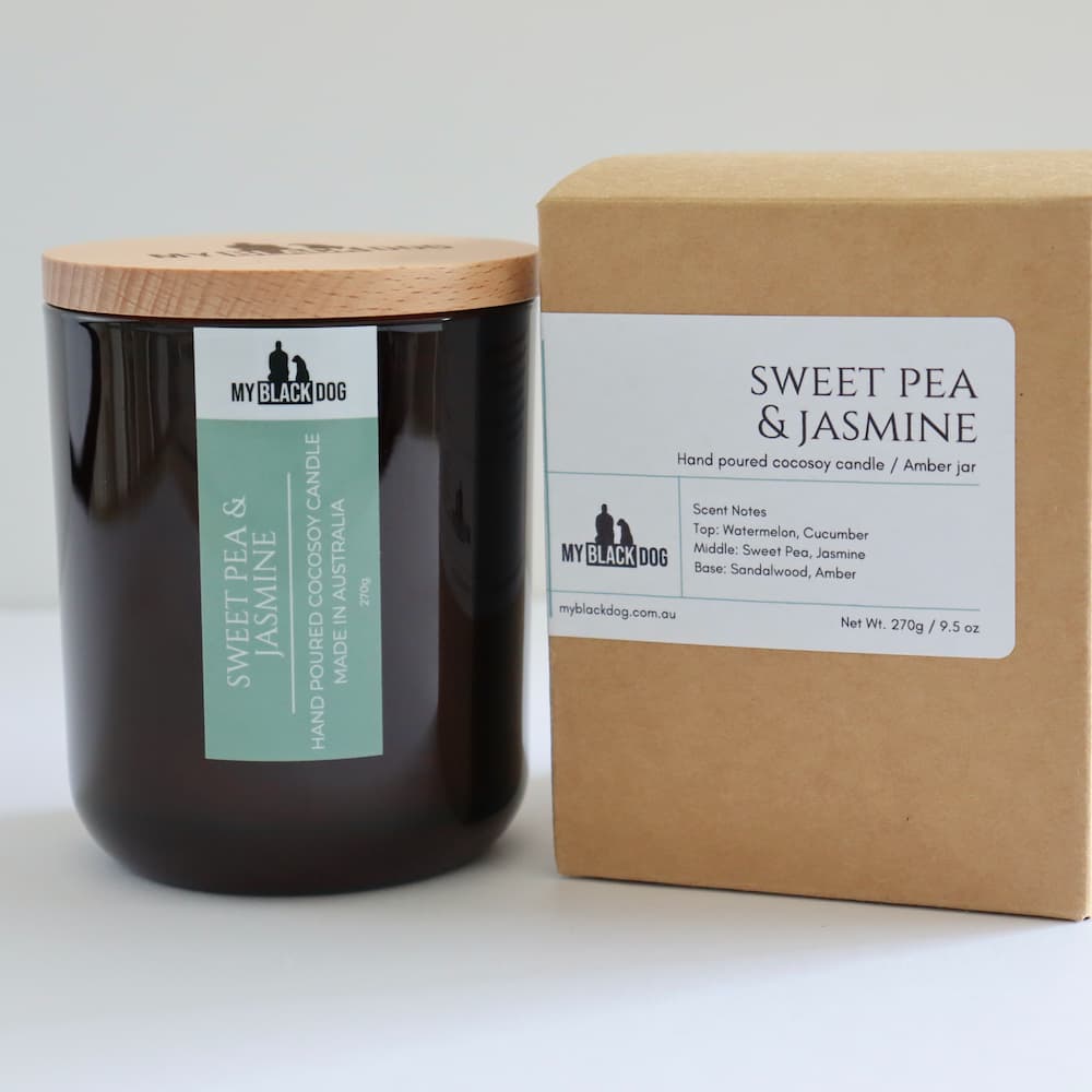 My Black Dog Sweet Pea & Jasmine CocoSoy Candle in amber jar with timber lid and box