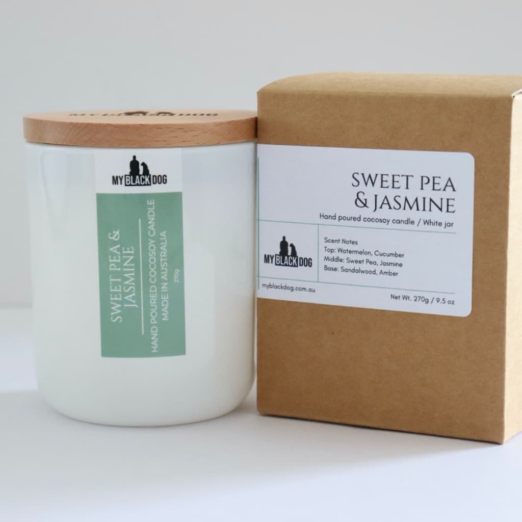 My Black Dog Sweet Pea & Jasmine CocoSoy Candle in a white jar with timber lid and box