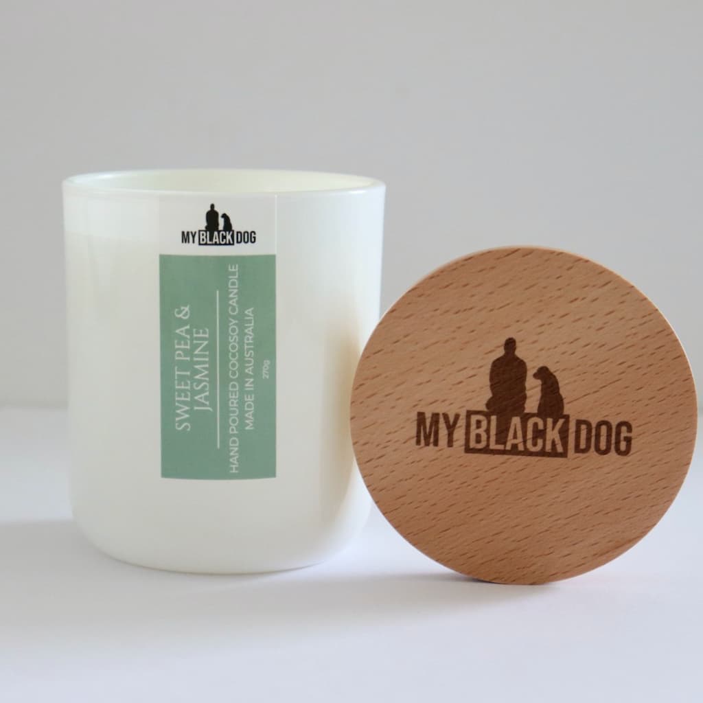 My Black Dog Sweet Pea & Jasmine CocoSoy Candle in a white jar with timber lid