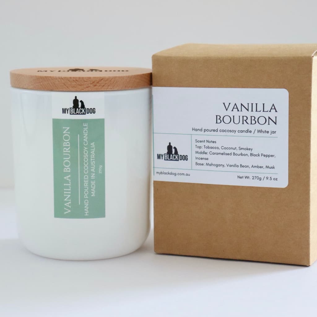 My Black Dog Vanilla Bourbon CocoSoy Candle in a white jar with timber lid and box